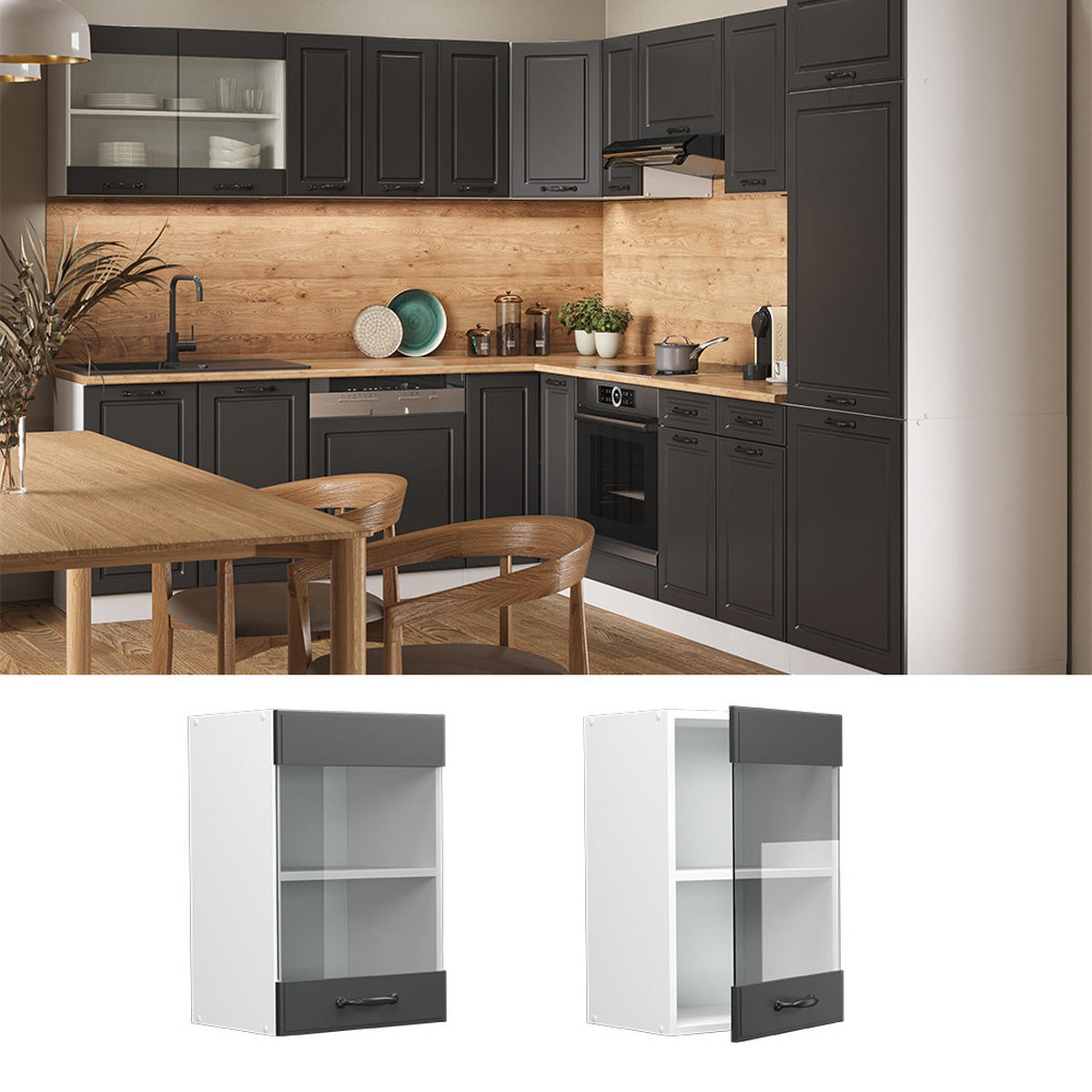 KÜCHENGLASSCHRANK R-Line Anthrazit Landhaus 40 cm - Dunkelgrau/Anthrazit, Holzwerkstoff (40/60/31cm) - Vicco