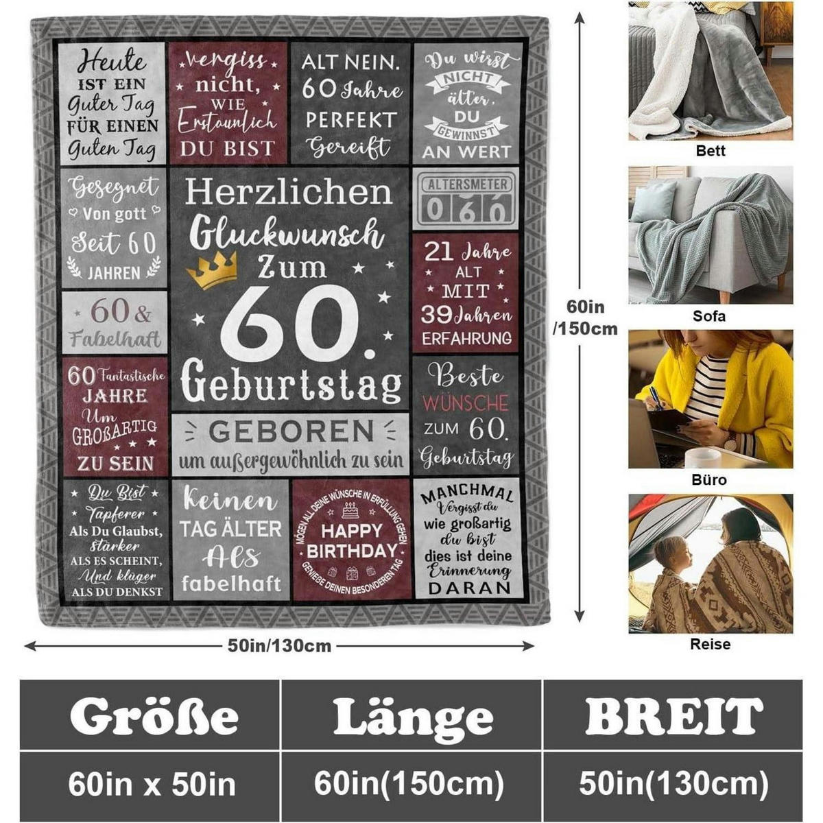 DECKE 150 x 130 cm Geschenk zum 60. Geburtstag Mann - Multicolor, Textil (130/150cm)