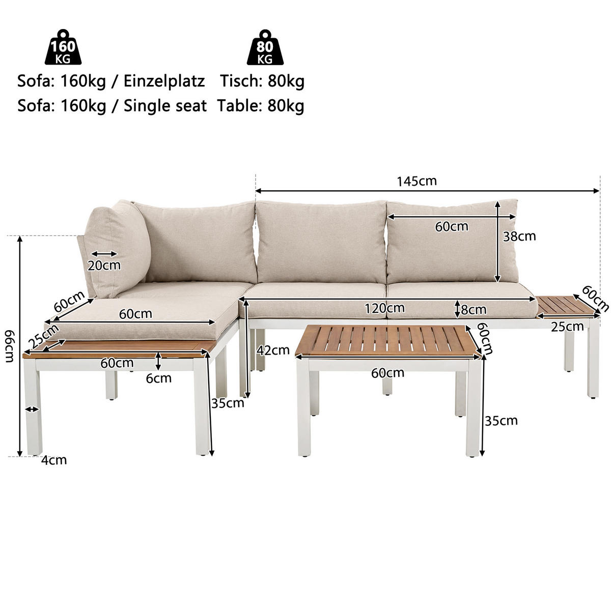 VRTNI lounge set 120/60/66 cm bež od pocinčanog željeza s akacijom za terasu - bež, metal - OKWISH