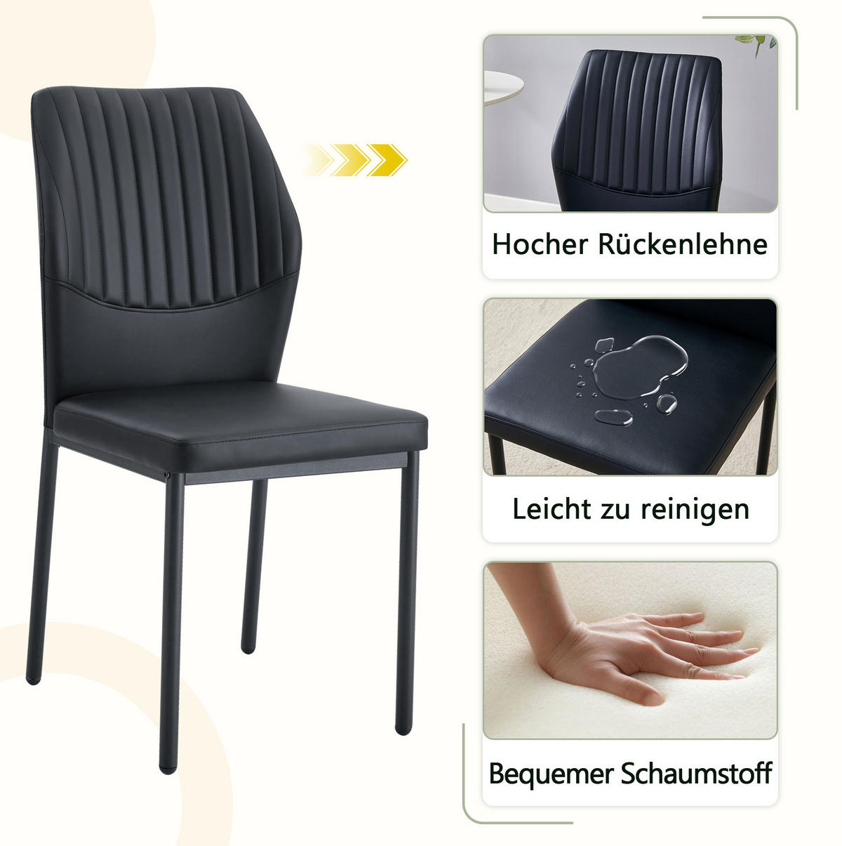 ESSZIMMERSTUHL 4er-Set mit PU-Bezug Schwarz - Schwarz, Metall (42.6/93/43cm) - Meubliv