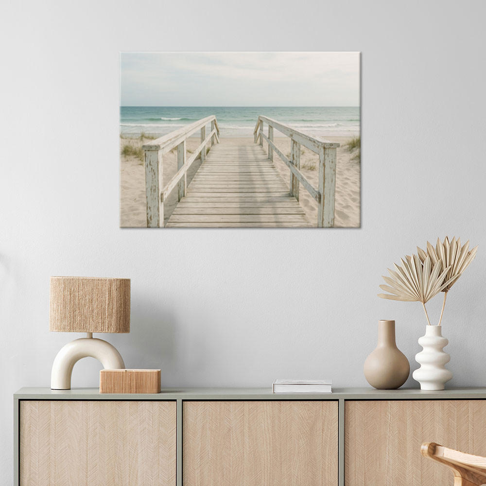 LEINWANDBILD Pier Strand Meer im Shabby Chic Stil 120x80cm - Grau, Textil (120/80cm) - Feeby