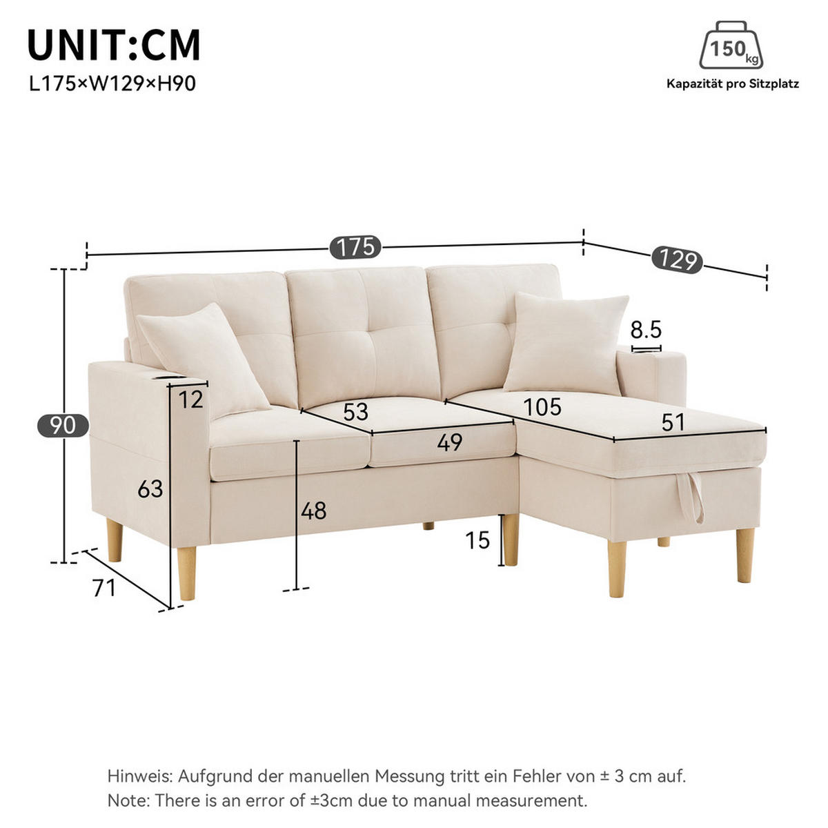 L-SOFA Modell S200 Grau 3-Sitzer mit Stauraum & Chaiselongue - Beige, Holz (129/175cm) - FLIEKS