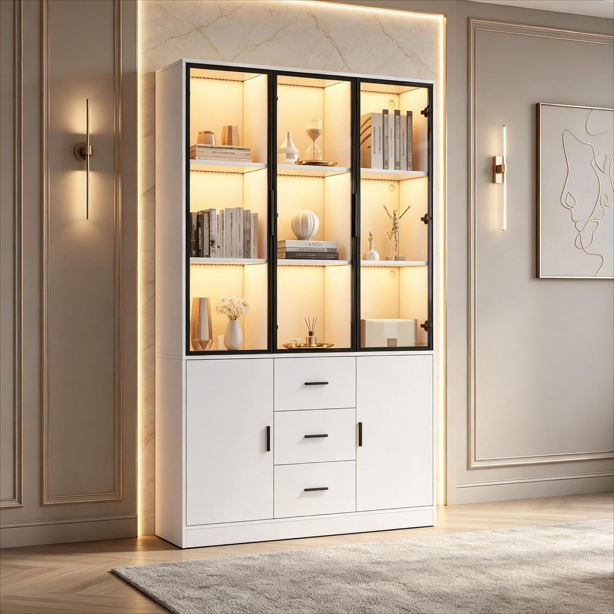 KÜCHENSCHRANK MIT LED BELEUCHTUNG 120/200/30 cm, Spanplatte und Glas, Weiß matt, Highboard mit 3 Schubladen für Wohnzimmer - Weiß, Holzwerkstoff (30/200/120cm) - Rolipo