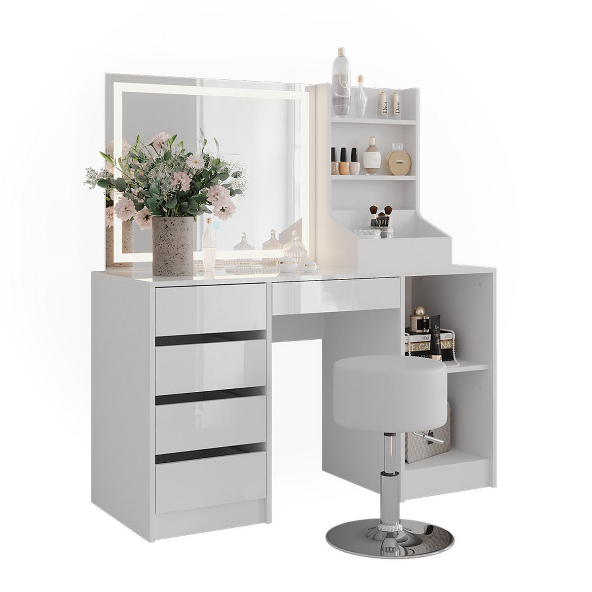 SCHMINKTISCH Sherry Weiß/Weiß Hochglanz 128.2 cm 4 Teile - Weiß Hochglanz, Holzwerkstoff (128.2/76/50.1cm) - Vicco