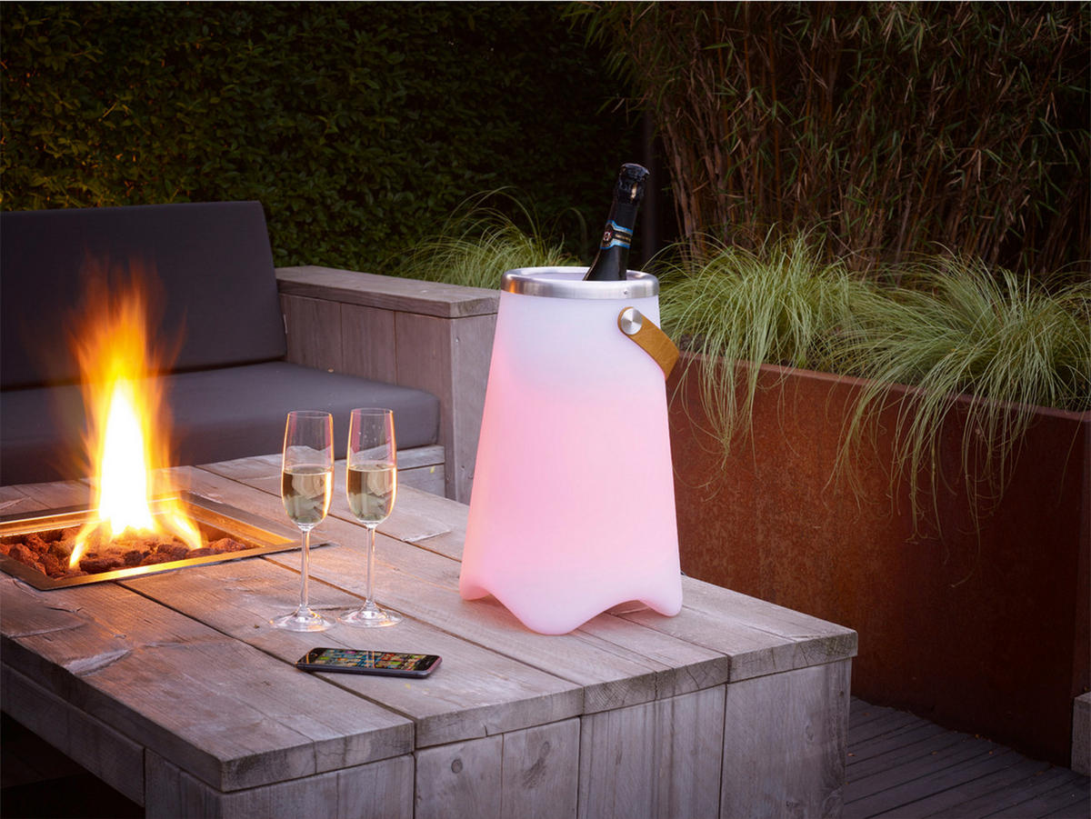 AKKU-TISCHLEUCHTE LED mit RGB Beleuchtung, Bluetooth Lautsprecher & Weinkühler Partylicht, Höhe 38cm - Weiß, Kunststoff/Metall (25/25/38cm) - meineWunschleuchte