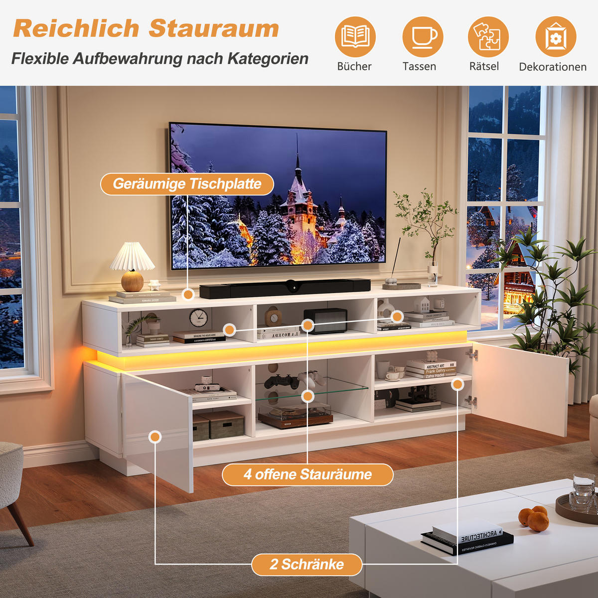 TV-LOWBOARD 160x35x60 cm Weiß LED Hochglanz Glas MDF - Weiß, Holzwerkstoff (35/60/160cm) - FLIEKS