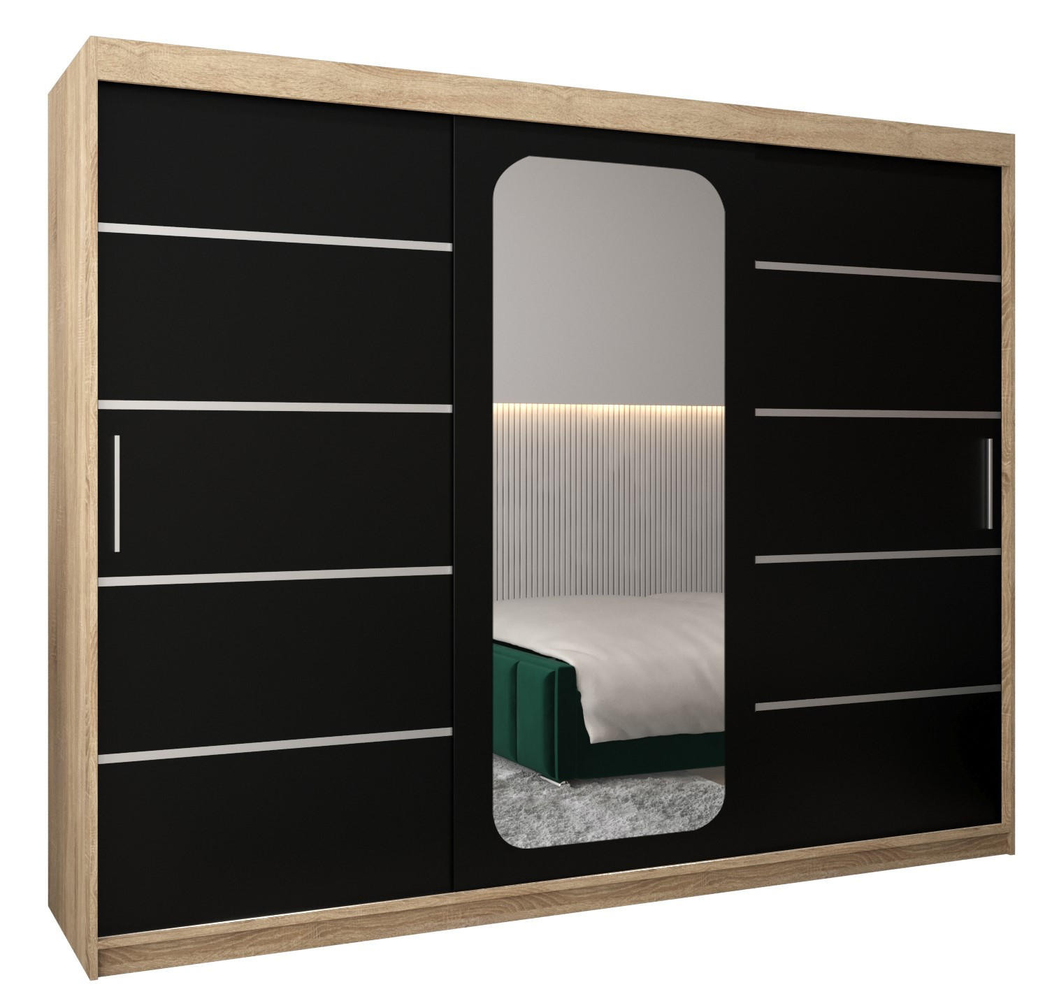 Abiks Möbel Schwebetürenschrank Sonoma Eiche, Schwarz 250x200x62 cm