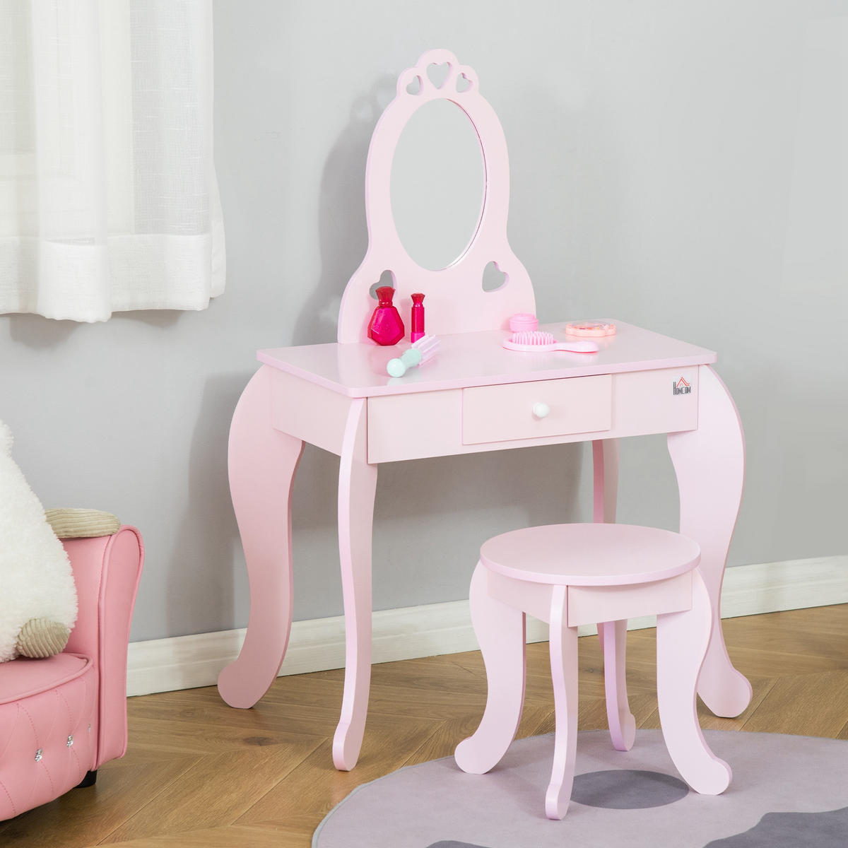 KINDERSCHMINKTISCH DE-18626 mit Herz-Motiven, inkl. Hocker Rosa - Pink, Holzwerkstoff (36/88/60cm) - ComfortXL