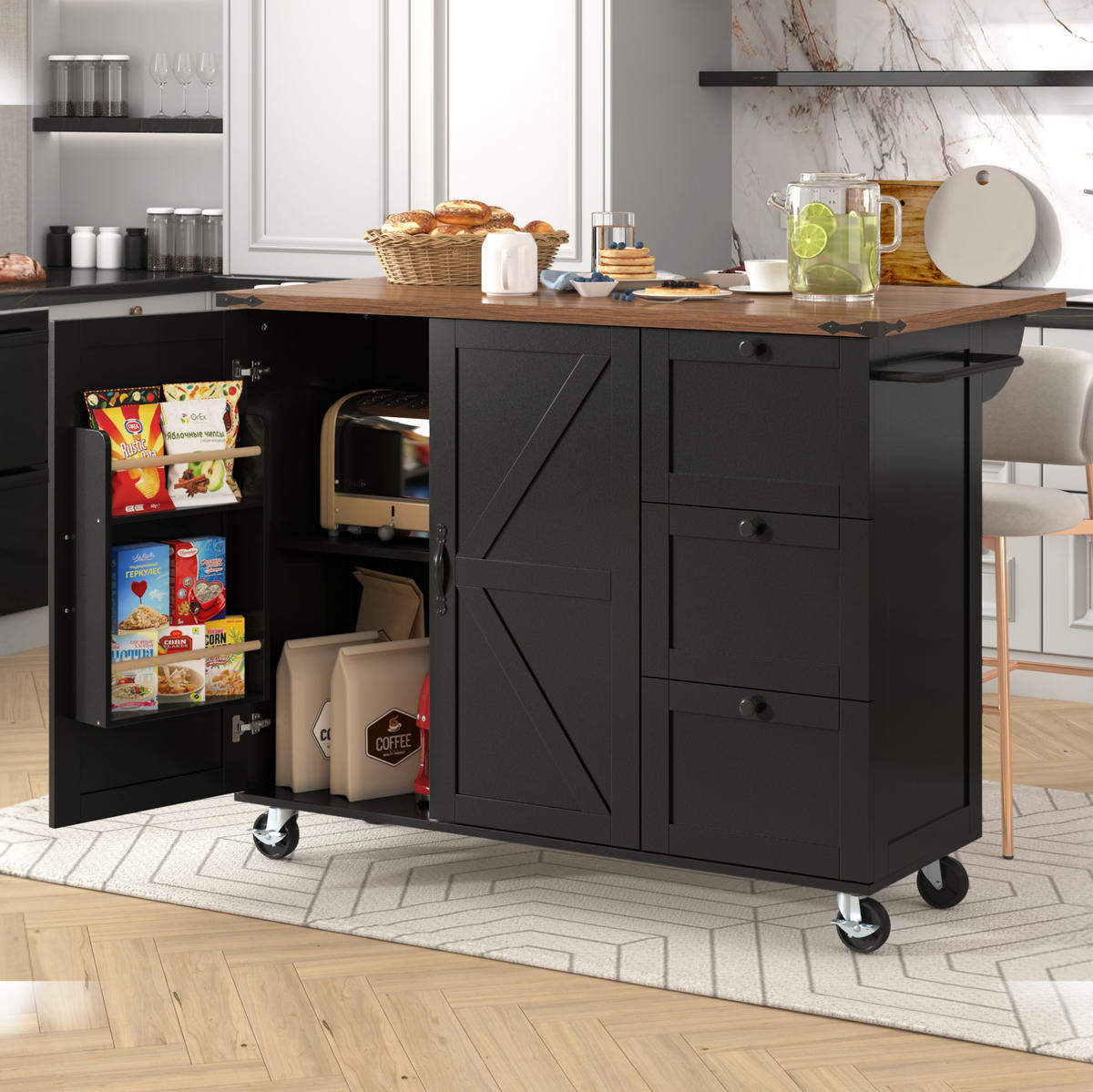 KÜCHENINSEL mit klappbarer Arbeitsplatte & Rollen, 140/45/73/92,5 cm, Schwarz - Schwarz, Holzwerkstoff (140/92.5/45cm) - Redom