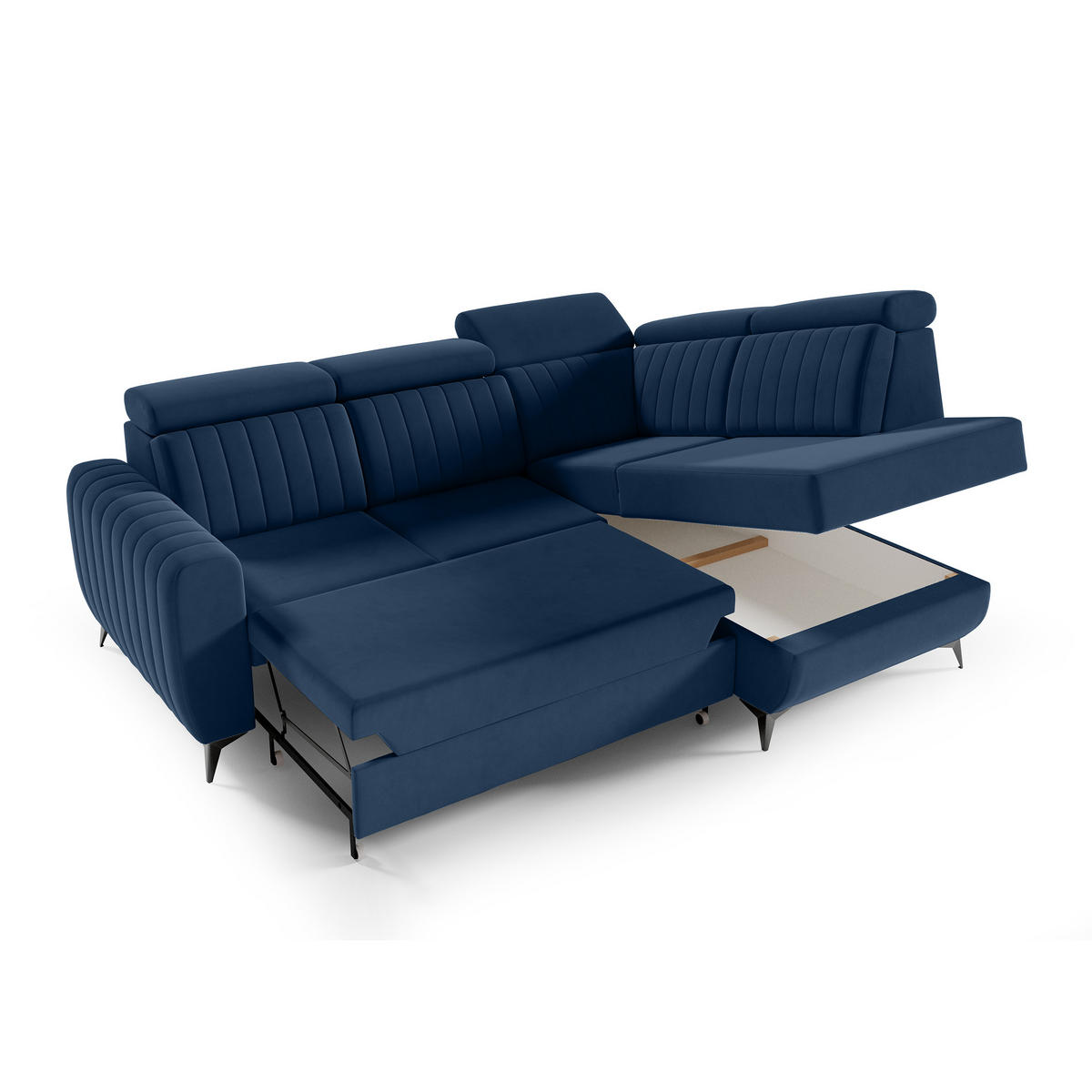 ECKSCHLAFSOFA Connor II verstellbare Kopfstützen, Dunkelblau, rechts - Schwarz/Dunkelblau, Textil (268/204cm) - Beautysofa