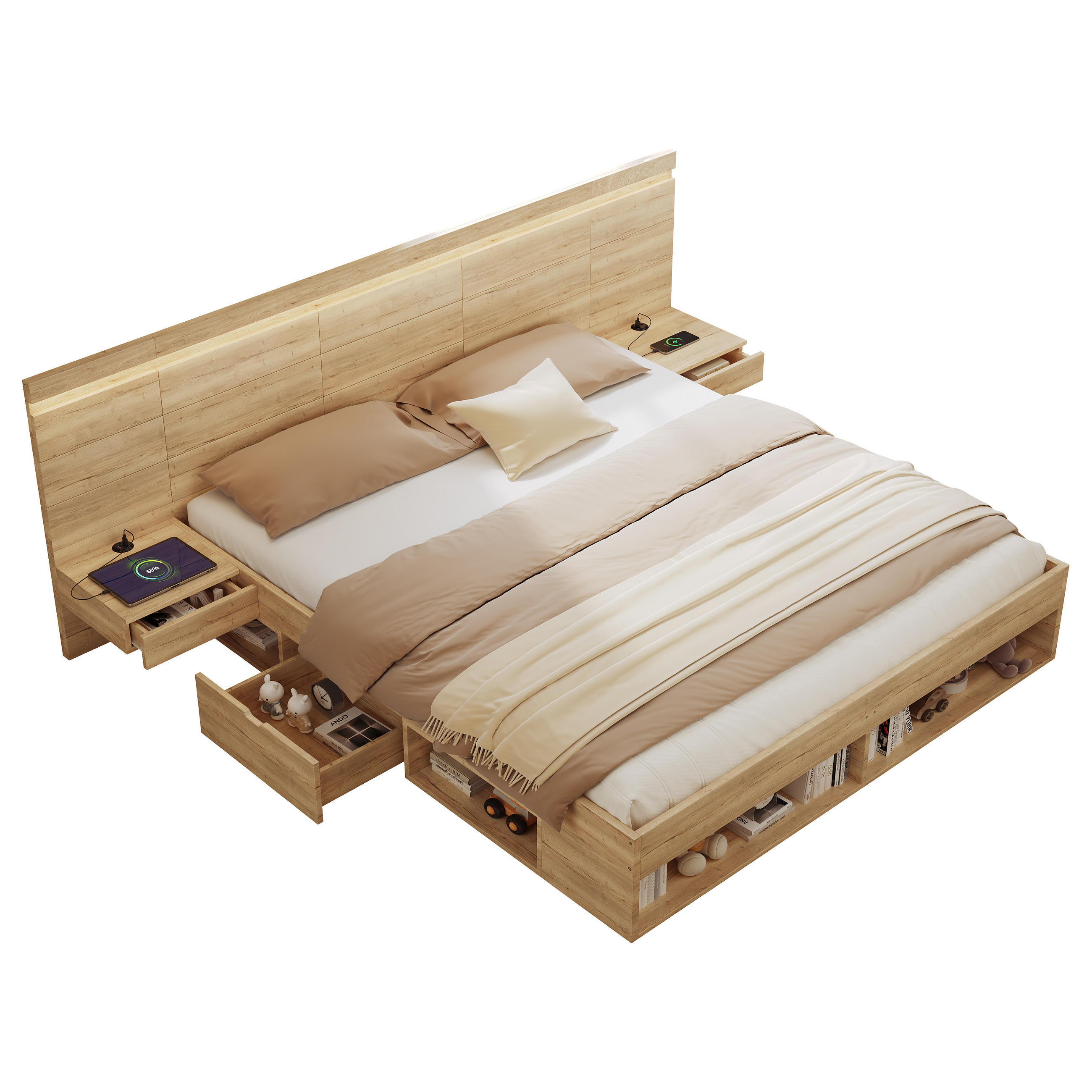 DOPPELBETT Natur 180x200 LED USB Stauraum Nachttische - Naturfarben, Holzwerkstoff (180/200cm) - FLIEKS