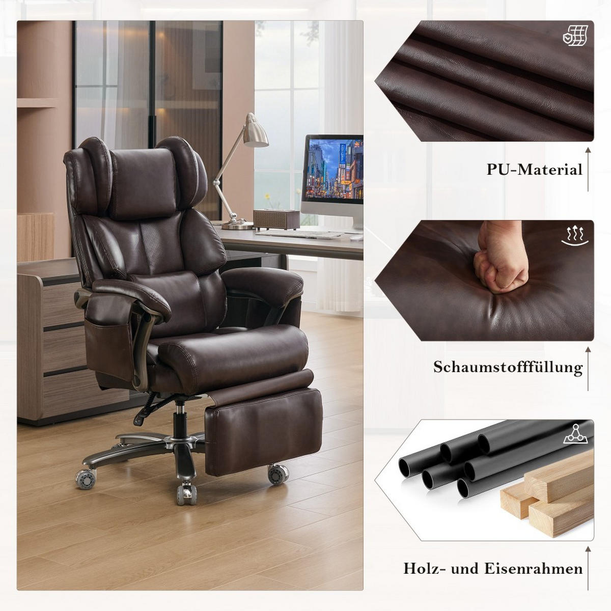 CHEFSESSEL mit Massage-Heizung Braun - Braun, Naturmaterialien (76.5/121.5/85.5cm)