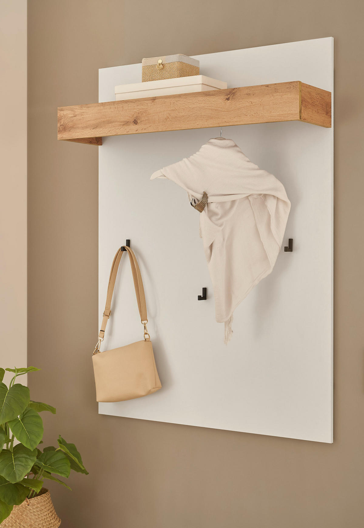 GARDEROBENPANEEL weiß, Eiche Wotan 100 cm, Wandgarderobe mit Kleiderstange - Weiß, Holzwerkstoff/Metall (100/135/25cm) - Furn.Design