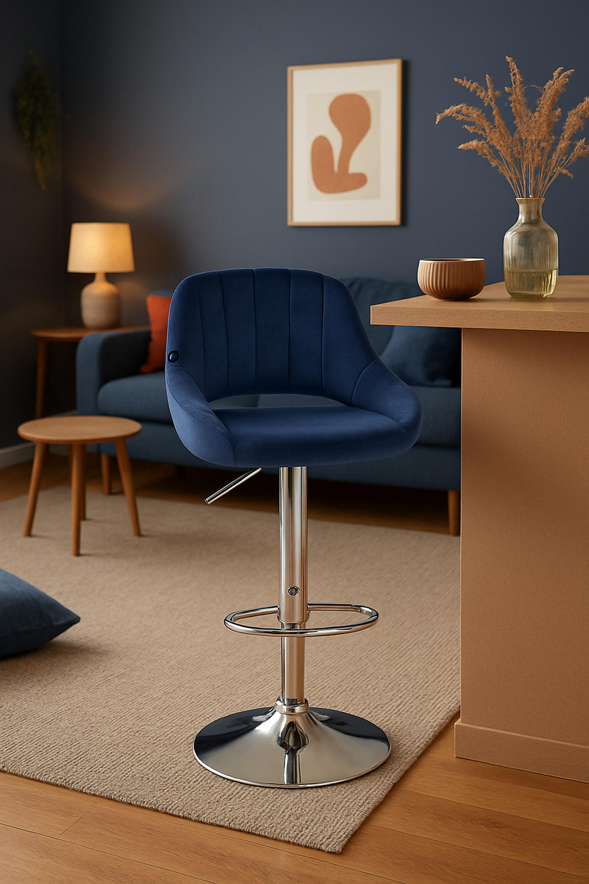 BARHOCKER 2er Set Milos Samt C blau - Blau/Chromfarben, Textil/Metall (47/106/48cm) - TPFLiving