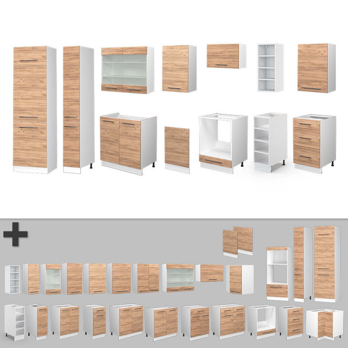 KÜCHENZEILE Fame-Line Goldkraft Eiche/Weiß 355 cm, AP Marmor - Honigeiche/Eiche Wotan, Holzwerkstoff (355/81.6/60cm) - Vicco