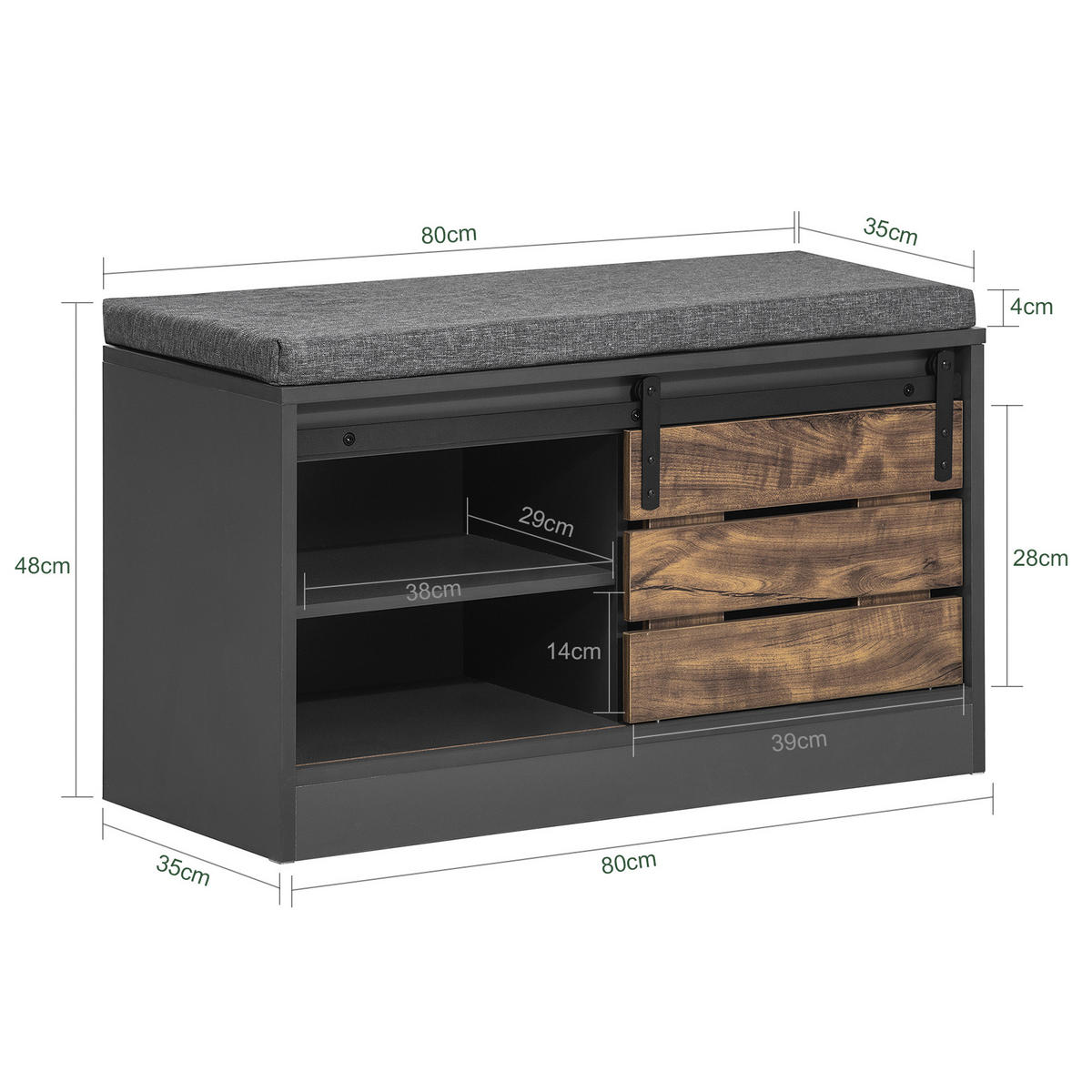 SCHUHBANK Grau - Grau, Holzwerkstoff (80/48/35cm) - SoBuy