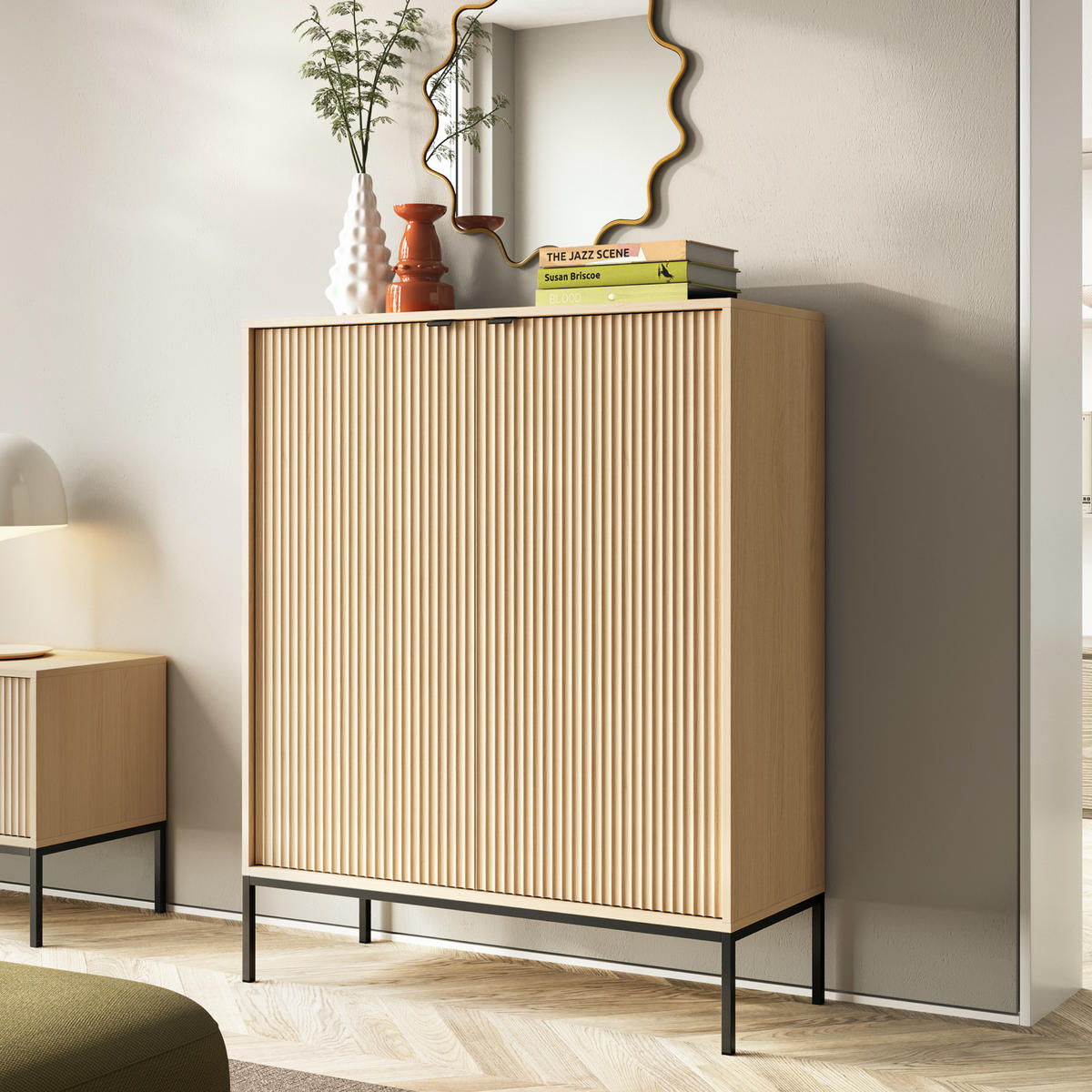 HIGHBOARD NANAIMO KOM1 Profilierte Fronten Eiche Vicenza Eiche Vicenza - Eiche Artisan, Holzwerkstoff (104/125/39cm) - Komodee