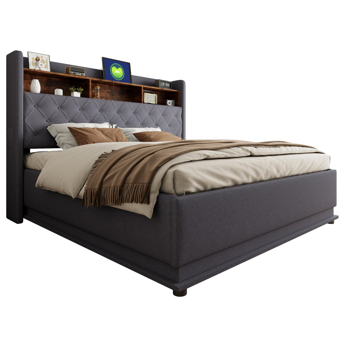 ČALÚNENÁ posteľ 180/200 cm, sivá, s LED osvetlením, USB a úložným priestorom - sivá, textil (180/200cm) - BEAOK