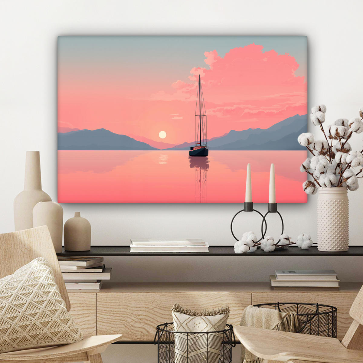 LEINWANDBILD Segelboot - Rosa Meer - Sonnenuntergang - Berge Wanddeko 90x60 cm - Rosa, Textil (90/60cm) - MuchoWow