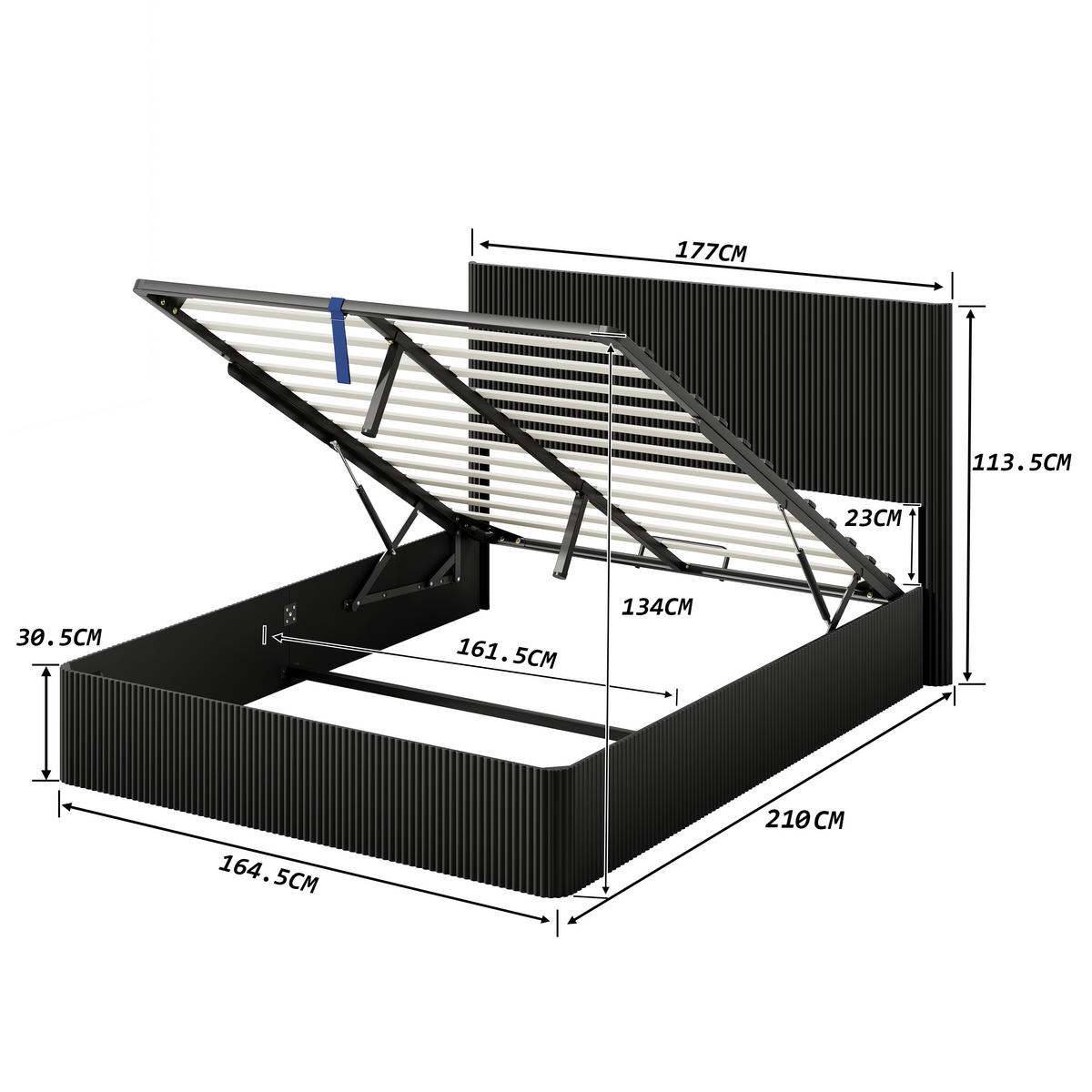 BETT 160/200 cm in Schwarz mit Stauraum, Lift-System und Rillenoptik - Schwarz, Holzwerkstoff/Metall (160/200cm) - WISHDOR