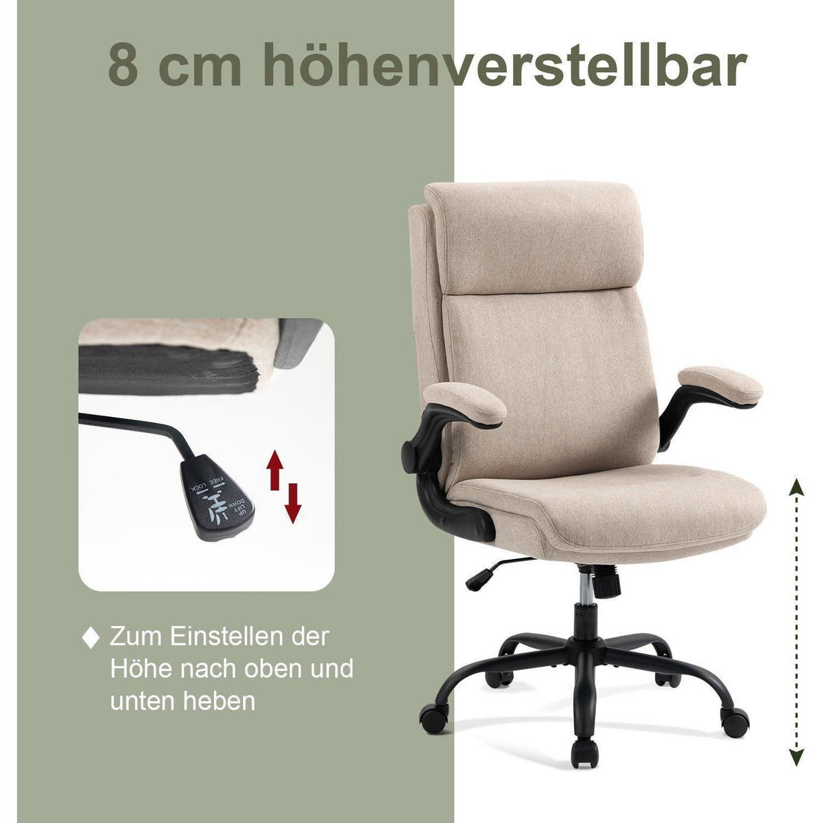BÜROSTUHL mit hoher Rückenlehne und hochklappbaren Armlehnen Stoff Beige - Beige, Textil (68/113/70cm)