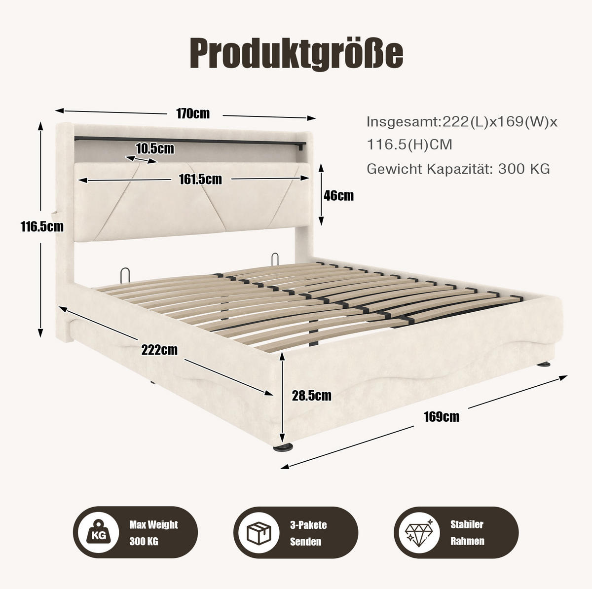 POLSTERBETT 160/200 cm mit LED-Beleuchtung, USB- und Type-C-Anschluss, Bettkasten und Regal, Beige - Beige, Textil (160/200cm) - Redom