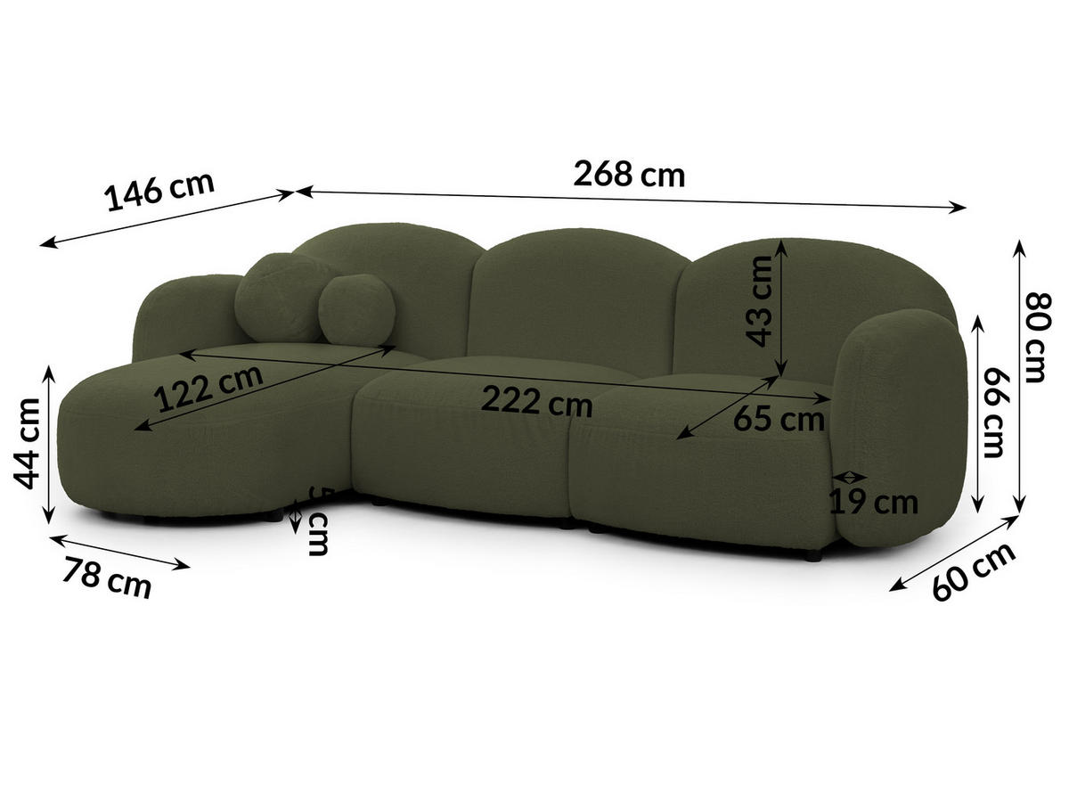ECKSOFA Nuvola mit abgerundetem Design Grün Bouclé-Stoff - Ottomane Links - Schwarz/Grün, Holz/Kunststoff (268/146cm) - S-Style Möbel