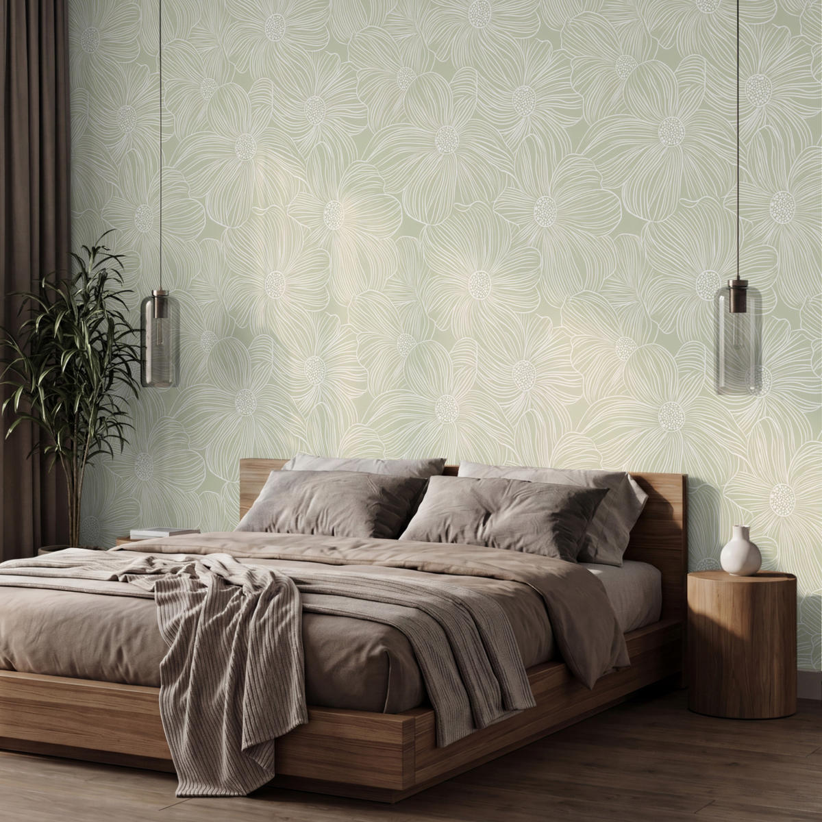 TAPETE - Gelassenheit - Blumen - Grün - 450x300 cm - Salbeigrün, Papier (450/300cm) - OnlyWow