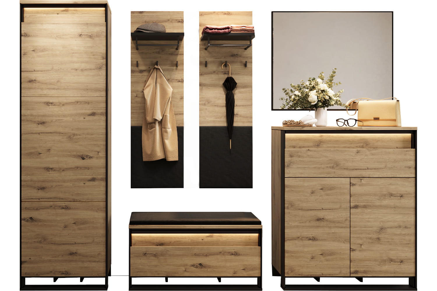 Meblini Garderobe Eiche Artisan, Schwarz 244x249x40 cm