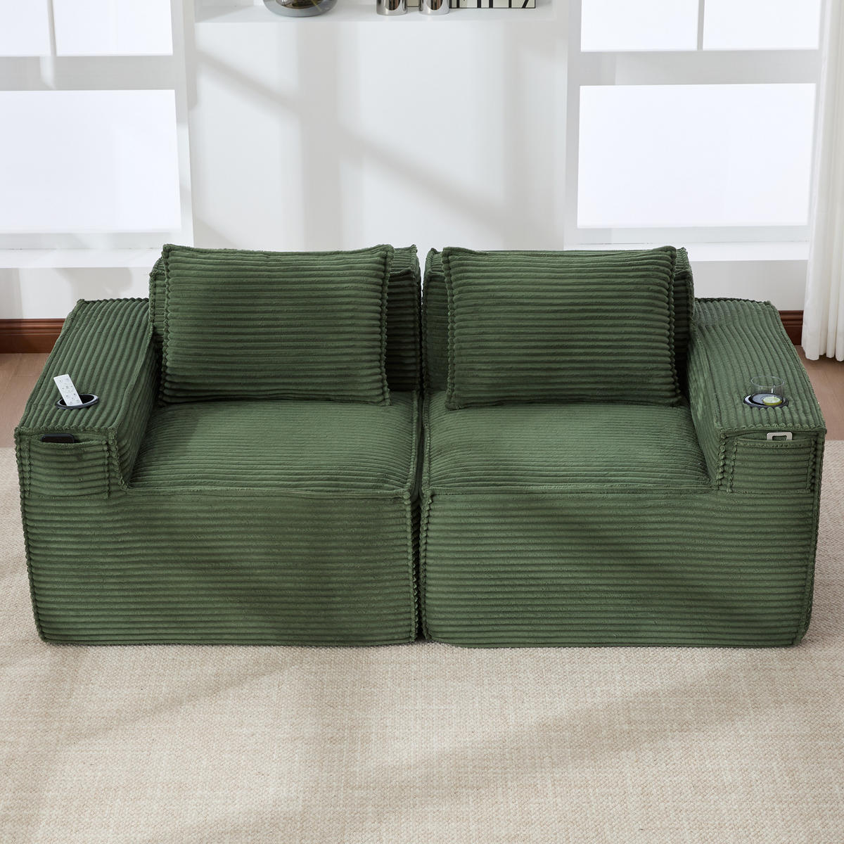 2-SITZER-SOFA DE-33835 modular mit Getränkehaltern Grün - Grün, Textil (188/75/90cm) - ComfortXL