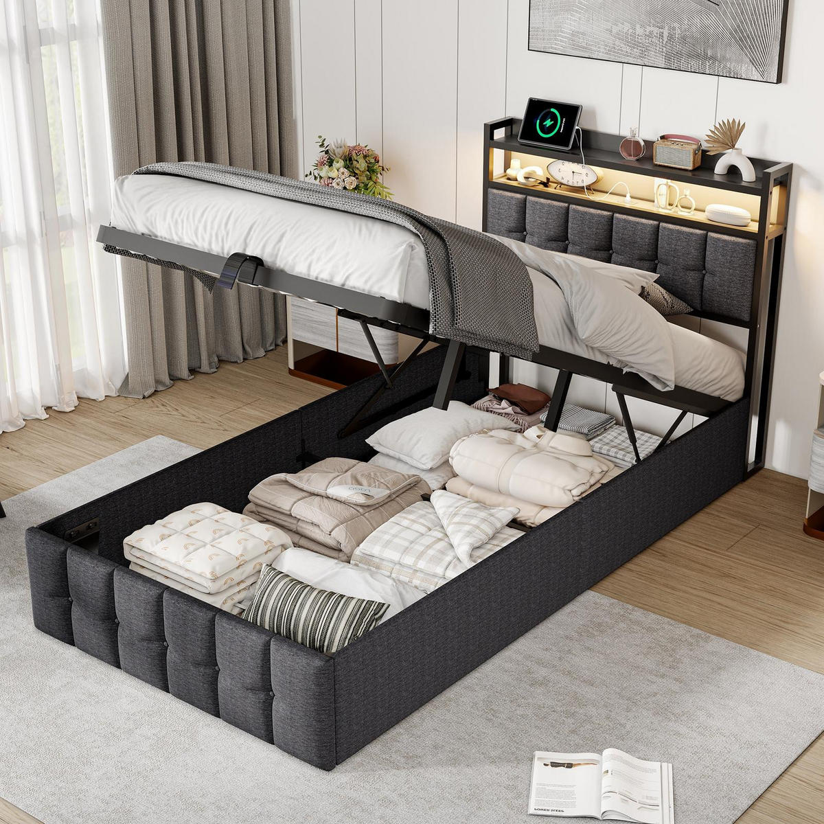POLSTERBETT 90x200 cm Smart-Sleep Pro mit Hydraulik-Stauraum, RGB-LED & Ladestation, Leinen-Optik, Grau - Grau, Textil (90/200cm) - DELFA