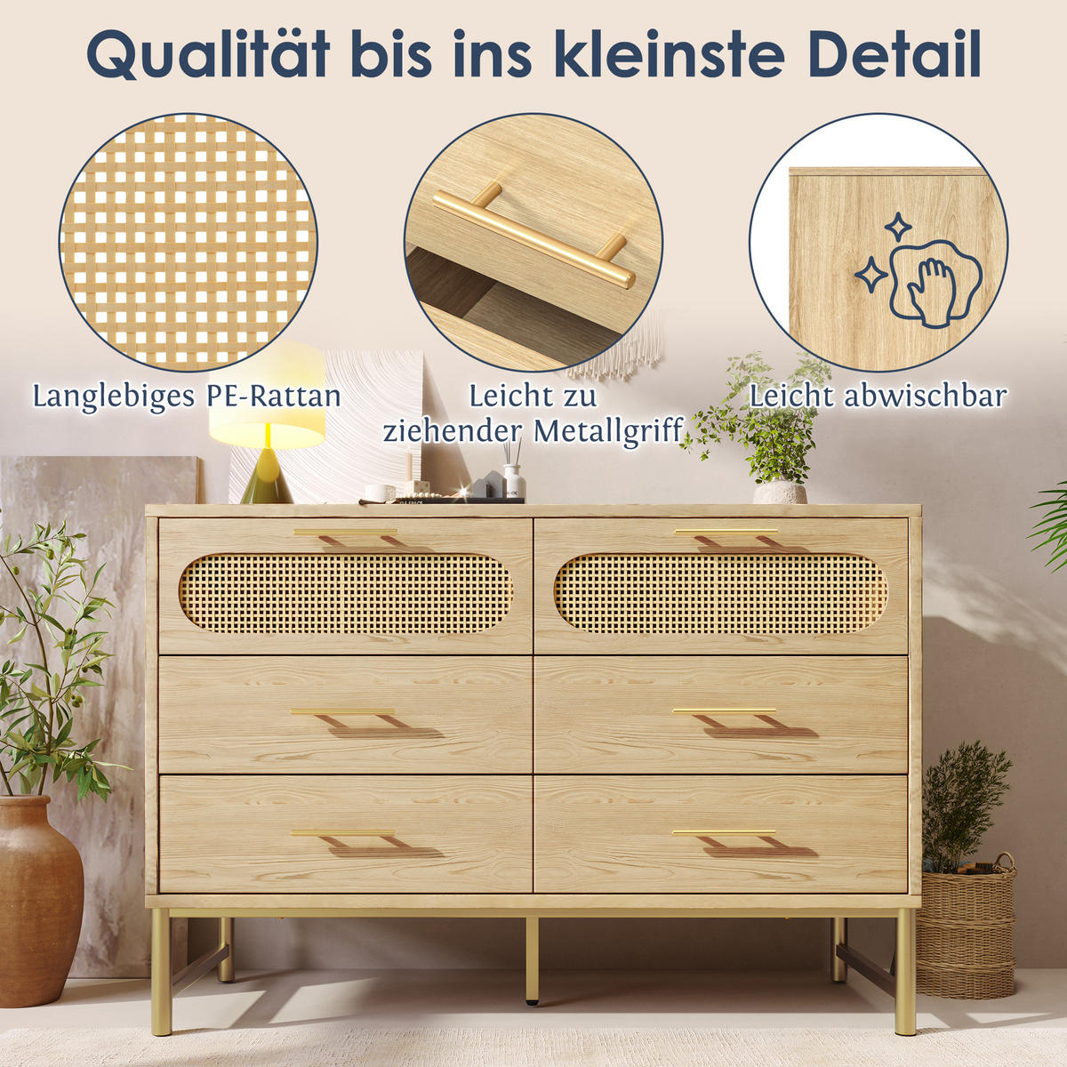 KOMMODE in Eichenfarben Sideboard mit 6 Schubladen für Wohnzimmer und Schlafzimmer, B120/T40/H77 cm - Eichefarben/Goldfarben, Holzwerkstoff/Metall (120/74/40cm) - STILVORA