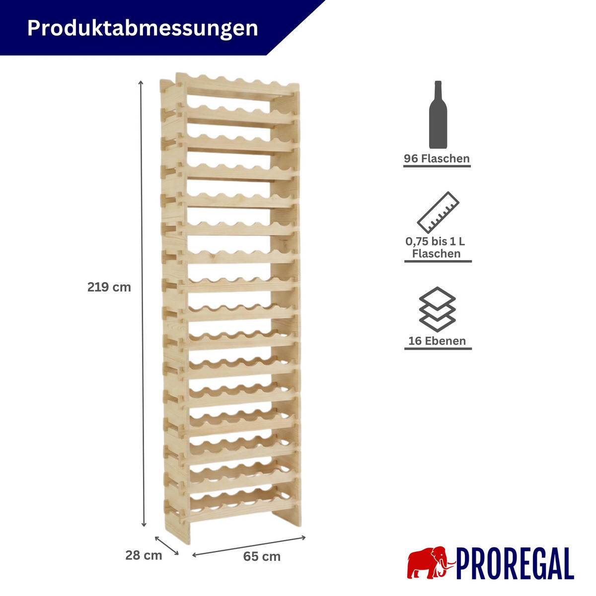 WEINREGAL NAVARRA aus Holz 219x65x28cm 96 Flaschen auf 16 Ebenen Natur unbehandelt - Naturfarben, Holz (65/219/28cm) - PROREGAL
