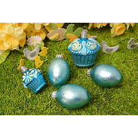 OSTERSET Ostereier und Korb Türkis 5cm (Glas / 5 Stk.) - Türkis, Glas (3/5/4cm)
