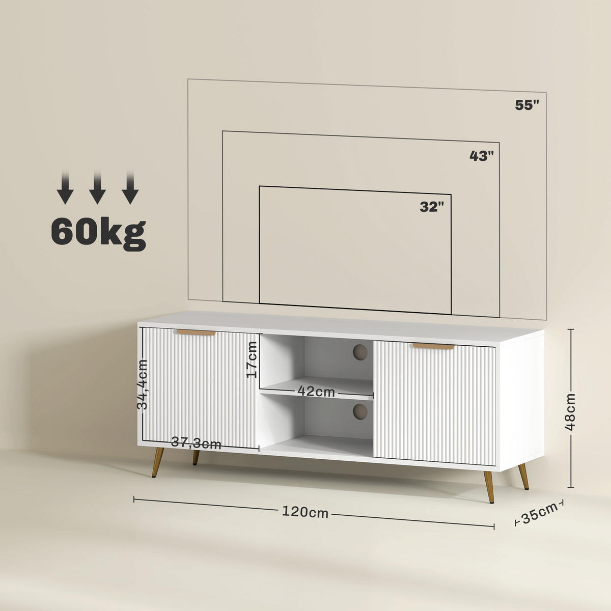 TV-MÖBEL Weiß 1 Stück - Weiß, Holzwerkstoff (120/48/35cm) - GiPP