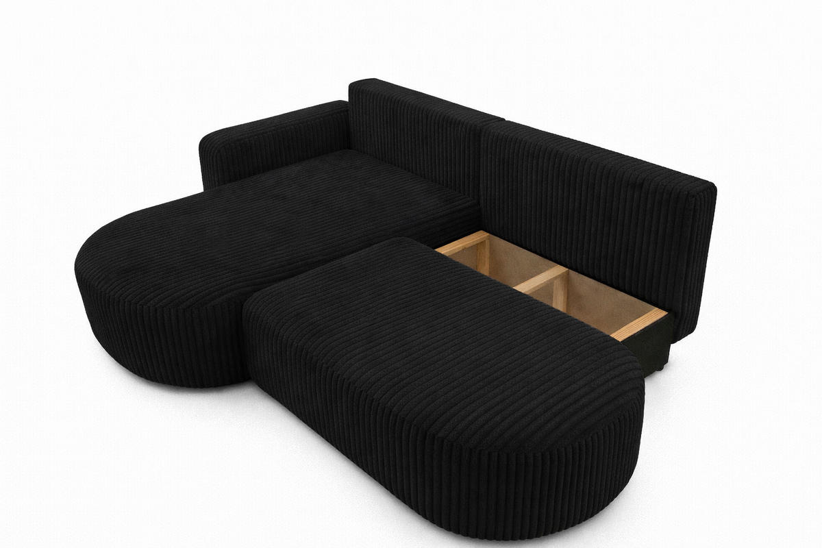 ECKSOFA Mit Schlaffunktion Und Bettkasten, Cordstoff Tilia, Schwarz, Links, ROUND ONE OPEN XL - Schwarz, Holz (262/175cm) - Kaiser Möbel