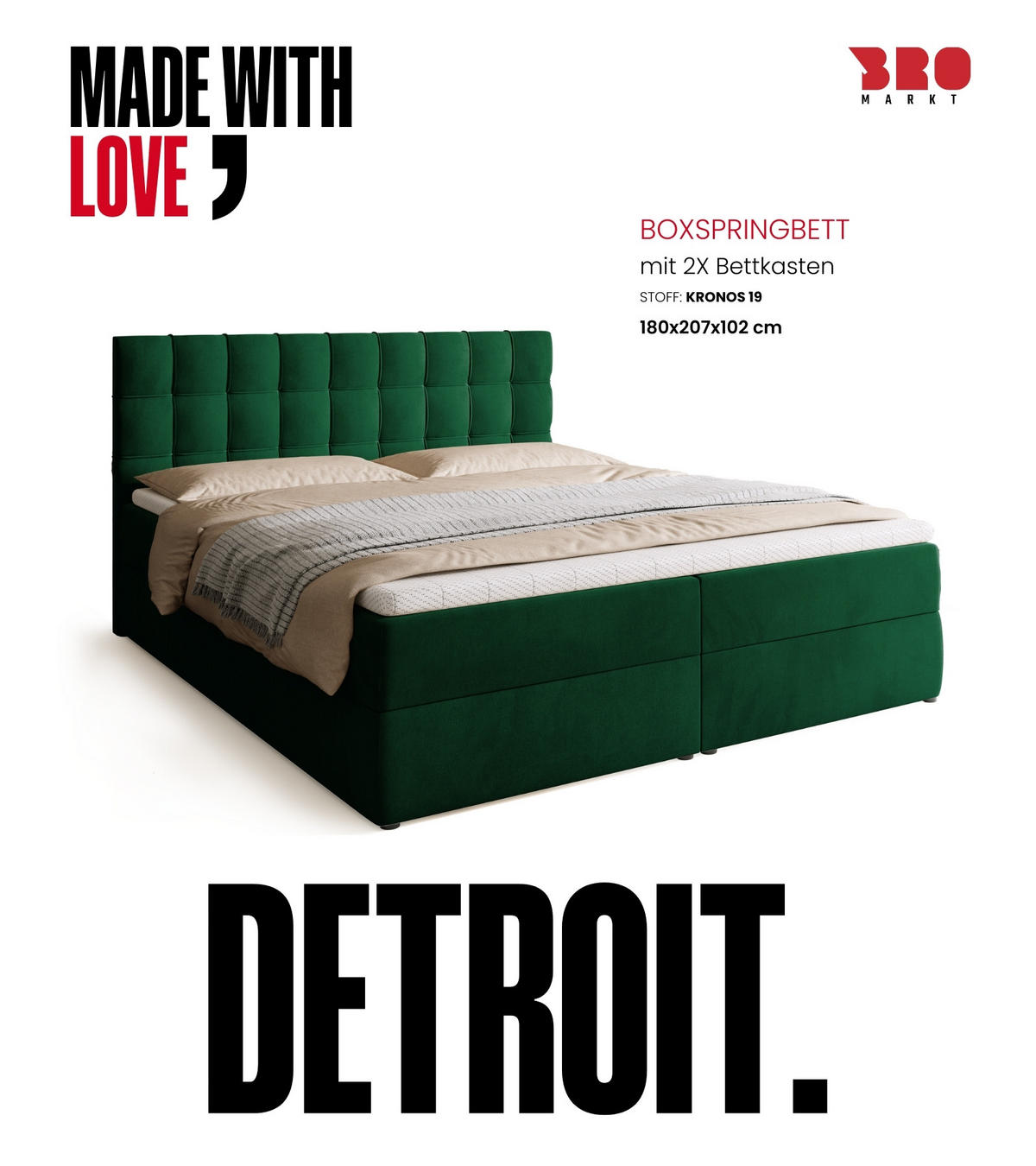 BOXBETT Detroit mit Topper 180/200 Grün - Grün, Holzwerkstoff/Textil (180/200cm) - Bromarkt
