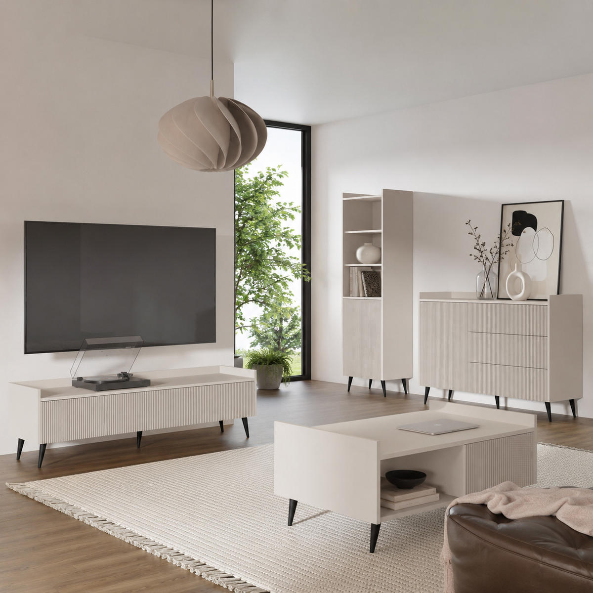 WOHNWAND Amfali 4-teilig –Lowboard, Kommode, Regal und Couchtisch, Push-to-open, Kaschmir - Kaschmir/Schwarz, Holzwerkstoff/Metall (150/180/41cm) - Beautysofa
