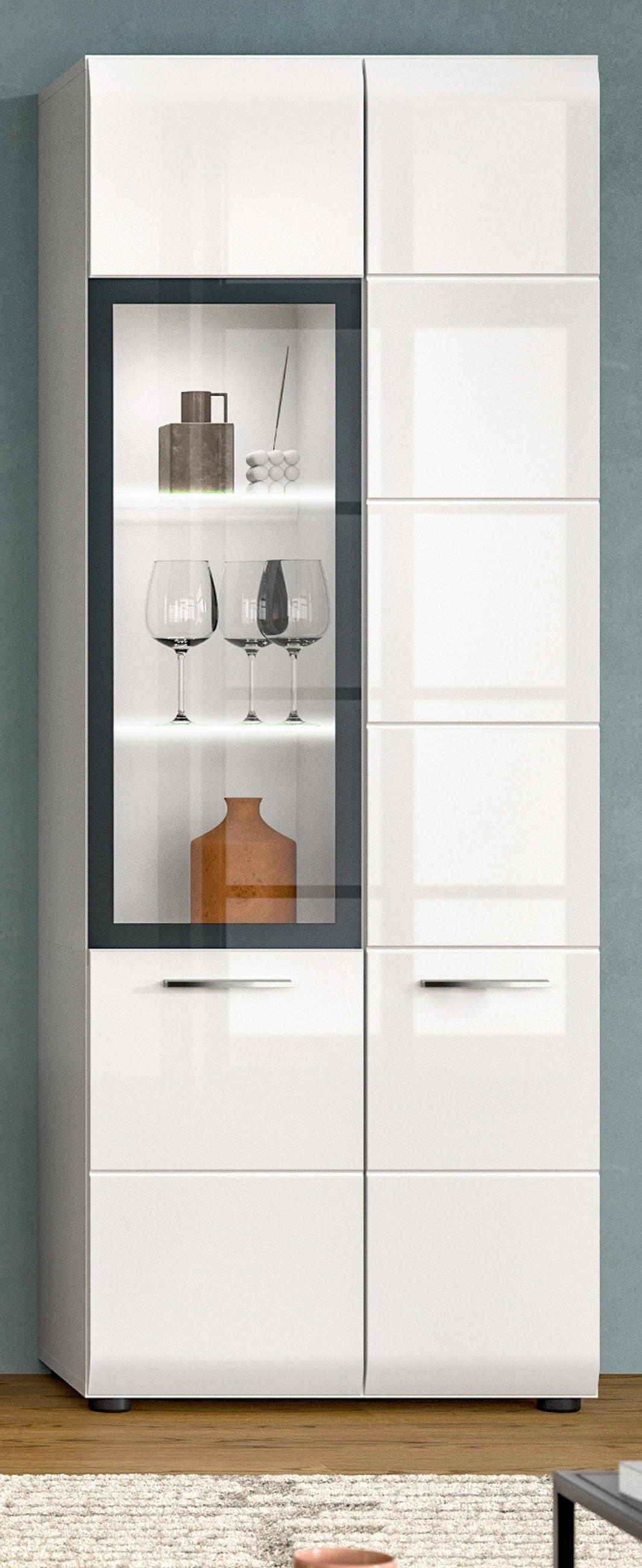 VITRINE weiß Hochglanz 60 x 160 cm, Vitrinenschrank mit 10 Fächern - Weiß Hochglanz/Silberfarben, Glas/Holzwerkstoff (60/160/34cm) - Inn.Furn