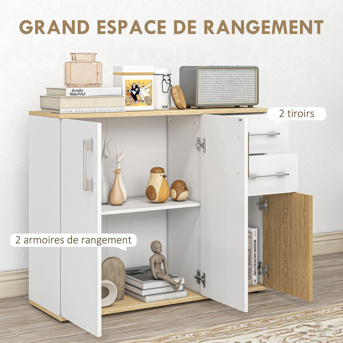 SIDEBOARD Weiß und Naturfarben 90/30/75,5 cm - Weiß, Holzwerkstoff (90/75.5/30cm) - PANGIVO