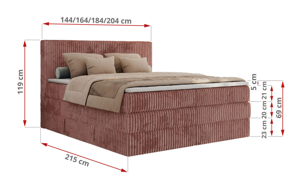 BOXSPRINGBETT TILIANO KING - 140/200 - Rosa Cord - H3 - Rosa, Holz/Textil (140/200cm) - MKS