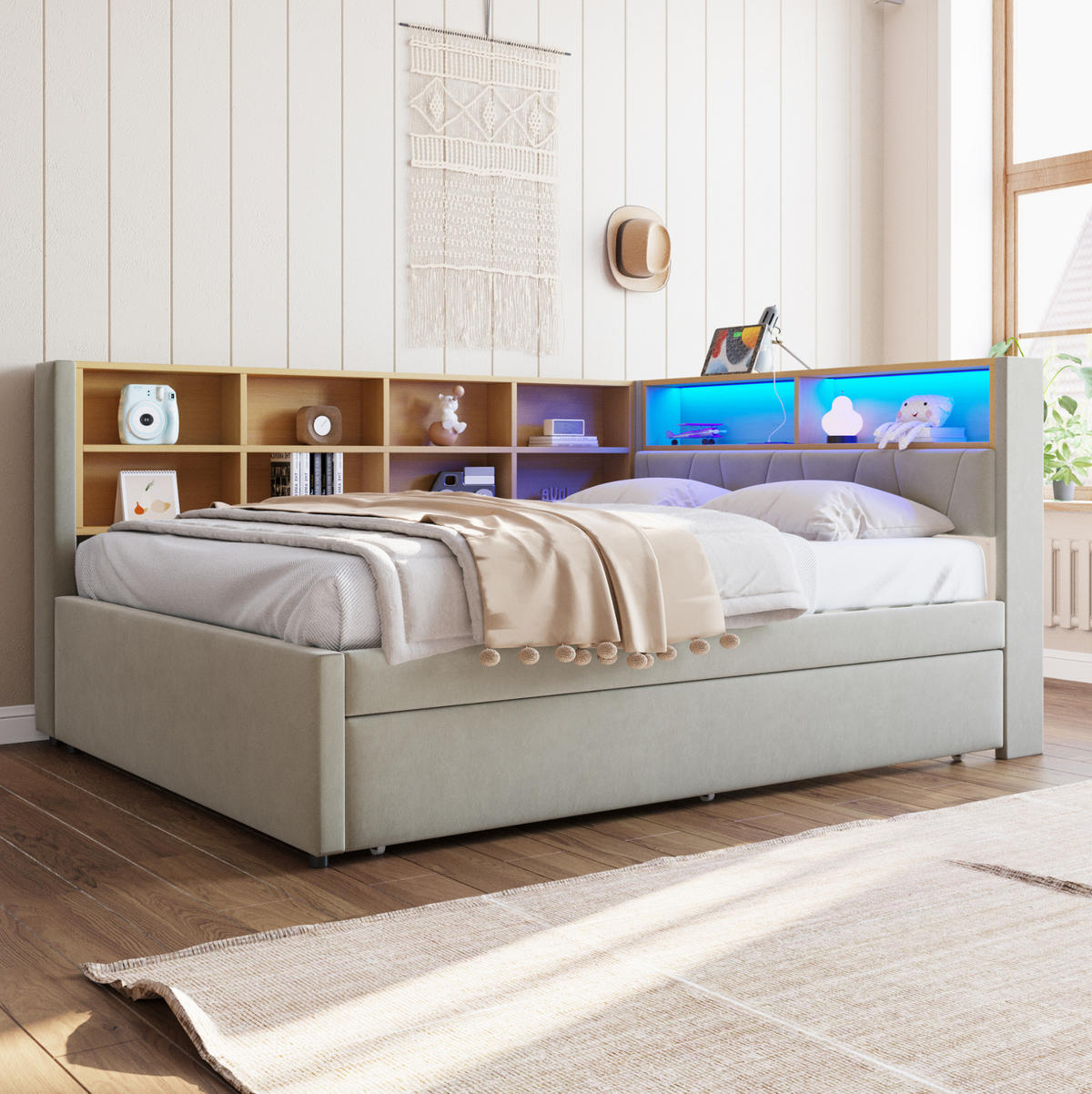 BETT Multifunktionales mit Ausziehbett 90/190 cm & LED-Beleuchtung Flanell Hellgrau 140/200 cm - Hellgrau, Textil (90/190cm) - OKWISH