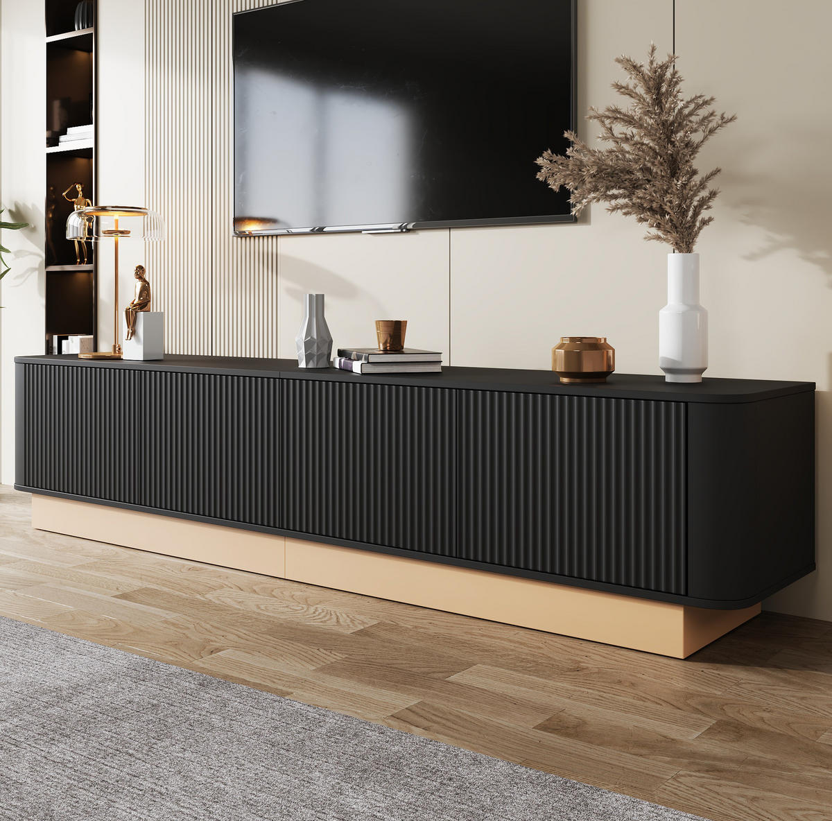 TV-LOWBOARD mit 4 Türen 200 x 40 cm MDF Schwarz - Schwarz, Holzwerkstoff (40/47.5/200cm) - Beauniv