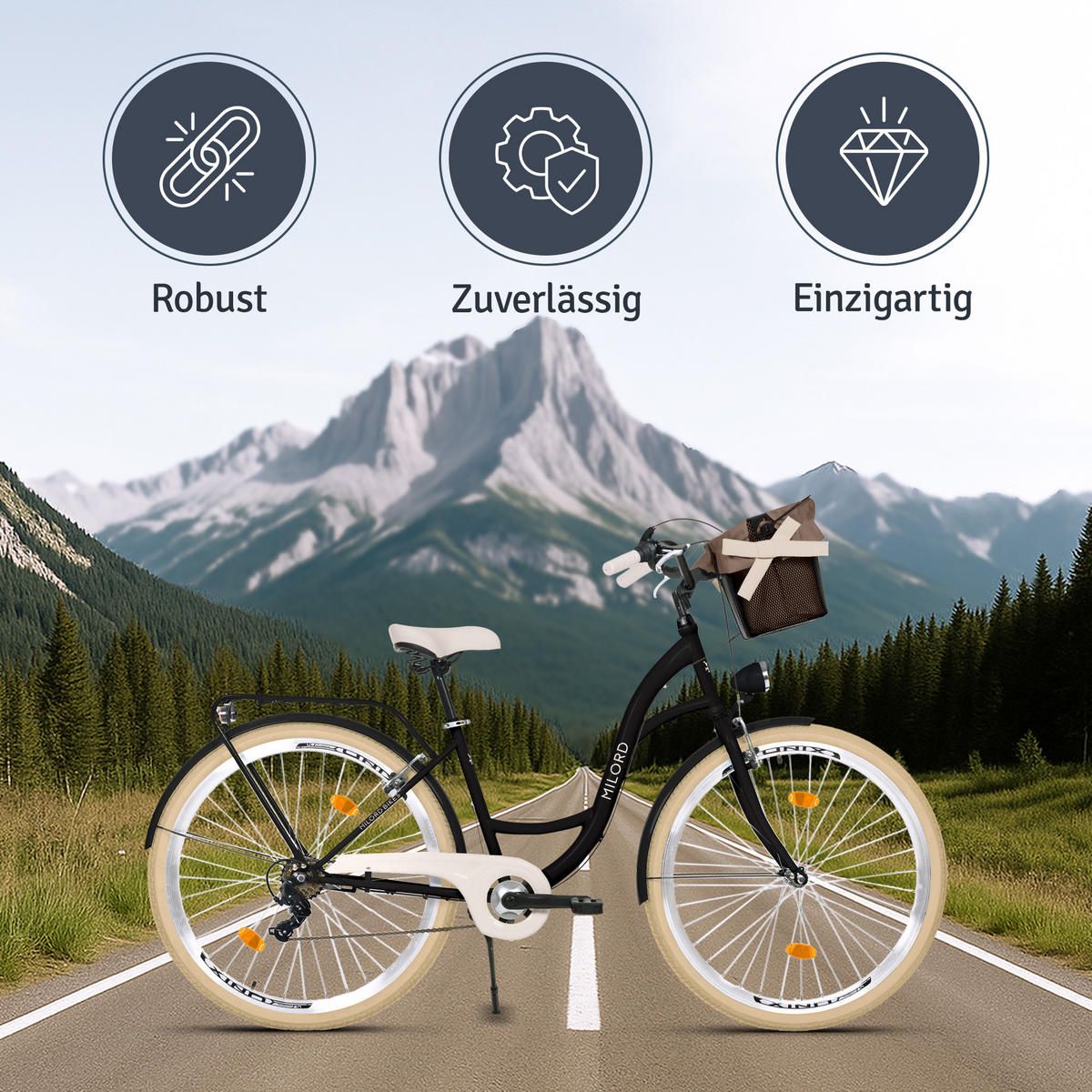 CITY-FAHRRAD Milord mit Metallkorb, 28 Zoll, Schwarz-Creme, 7-Gang - Creme/Schwarz, Metall (46cm) - Milordbikes