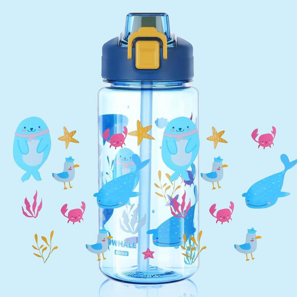 KINDER-TRINKFLASCHE mit Strohhalm 600 ml Blau Kaninchen - Blau, Kunststoff (7.7/7.7cm)