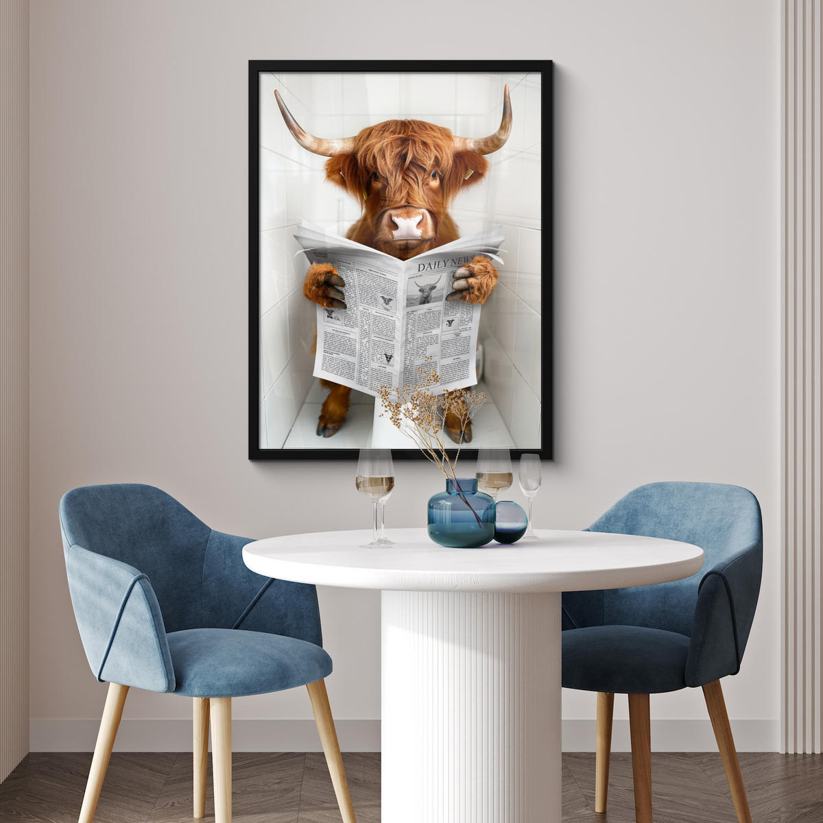 GERAHMTES BILD Schottisches Hochlandrind - Tier - Zeitung - Toilette 60x80 cm - Kastanienfarben, Papier (60/80cm) - MuchoWow