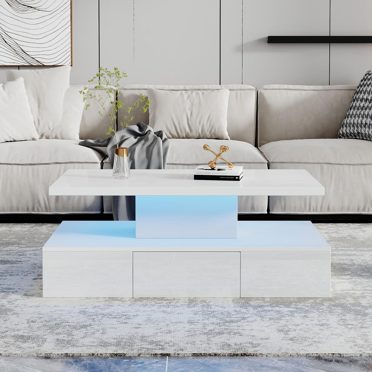 COUCHTISCH LED Hochglanz Weiß 2-stufig mit Schublade 100x50cm - Weiß, Holzwerkstoff (100/50/39cm) - FLIEKS