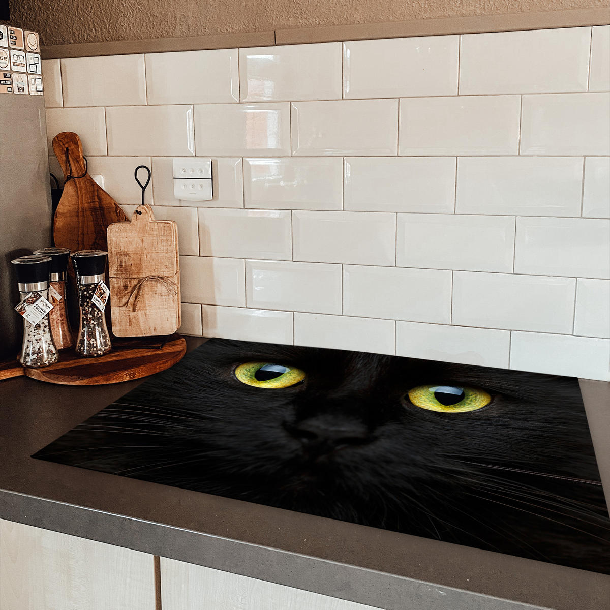HERDABDECKPLATTE Katze - Augen - Gelb - Schwarz Ceranfeldabdeckung 76x51.5 cm - Schwarz, Kunststoff (76/51.5/0.2cm) - MuchoWow