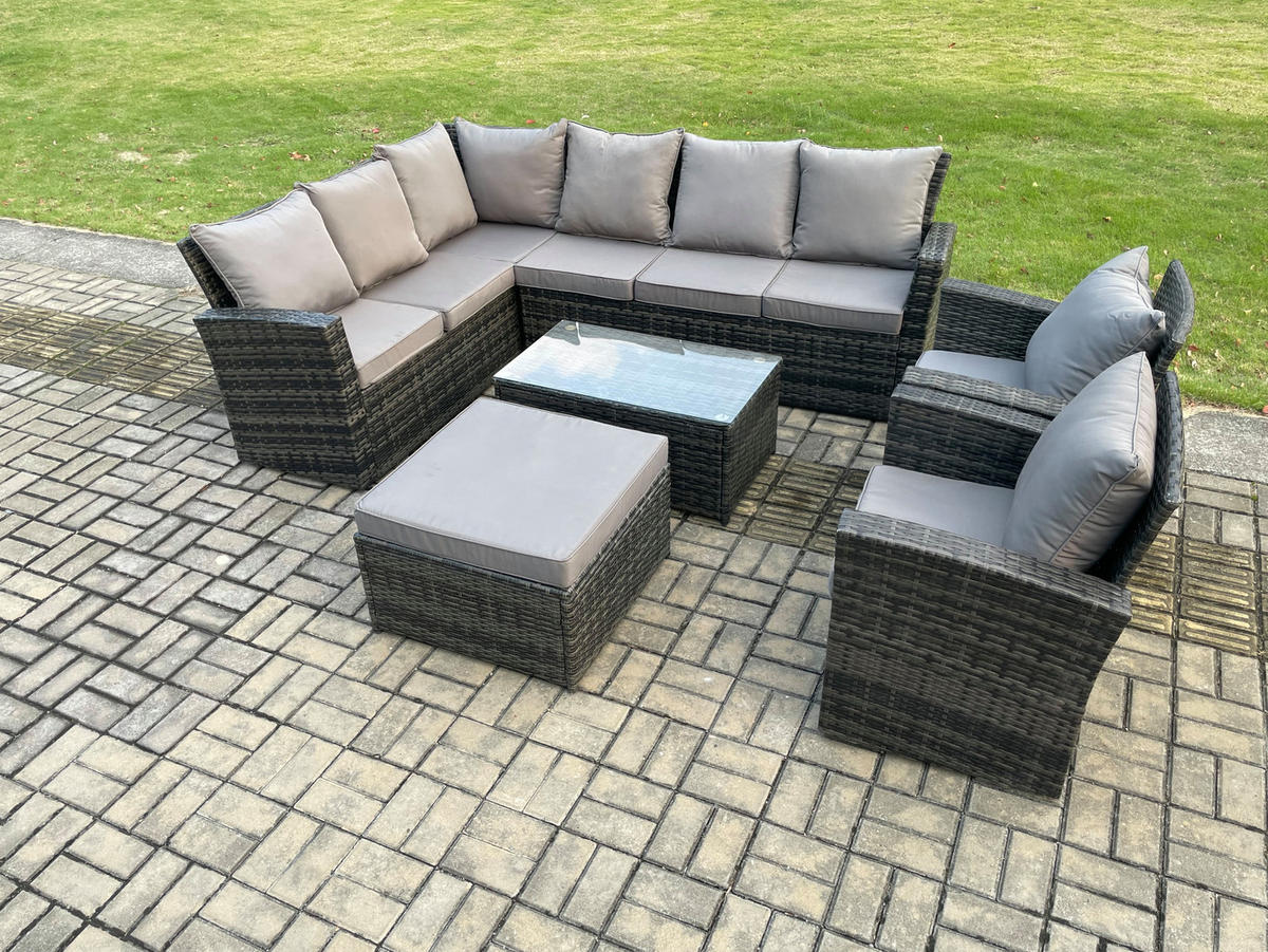 BALKONMÖBEL-SETS mit Ecksofa,Länglicher Couchtisch,Große Fußhocker,2 Sesseln Polyrattan Dunkelgrau 9-Sitzer - Dunkelgrau/Grau, Glas/Kunststoff - Fimous