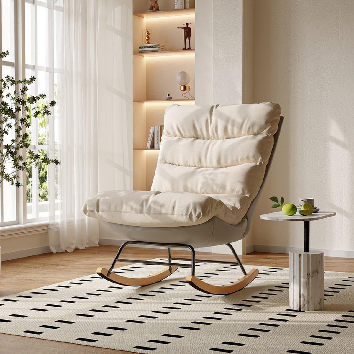 SCHAUKELSTUHL, Metallgestell, geräuschlose Holzbeine, abnehmbare Kissen, Leinen+technisches Tuch, Beige - Beige, Textil (72/93/83cm) - WoodenAura